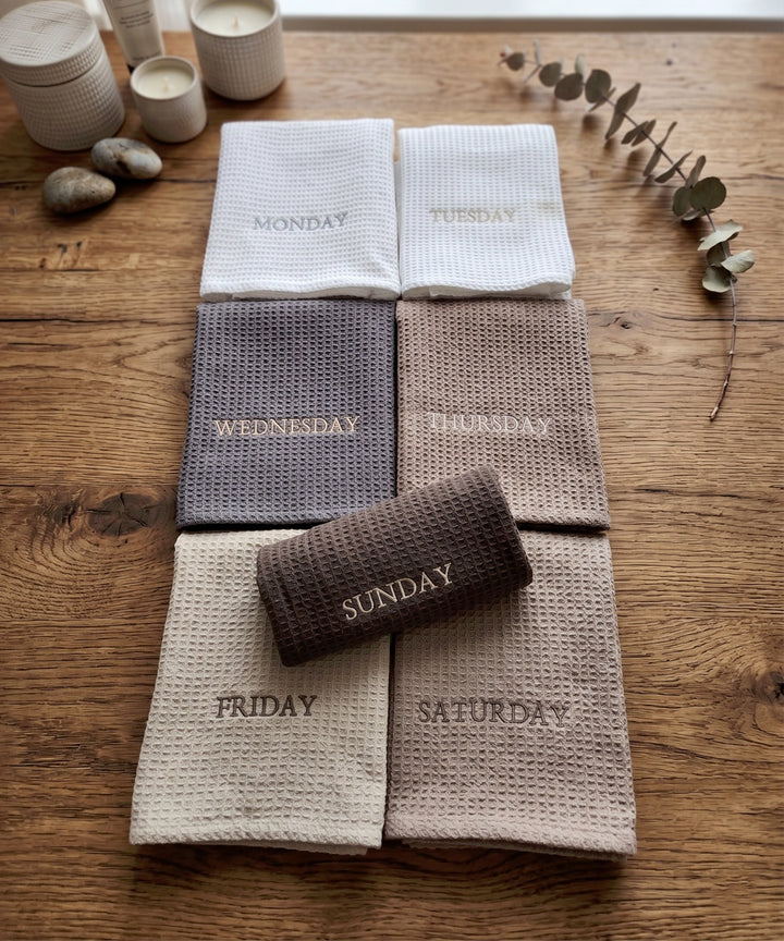 7-Day Embroidered Hand Towels – Set of 7 Soft Cotton Waffle | Multicolour