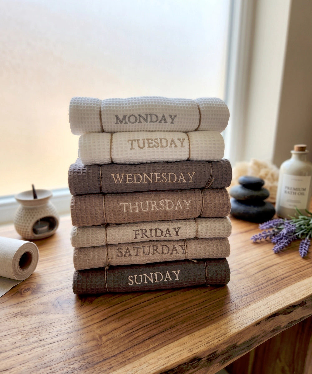 7-Day Embroidered Hand Towels – Set of 7 Soft Cotton Waffle | Multicolour