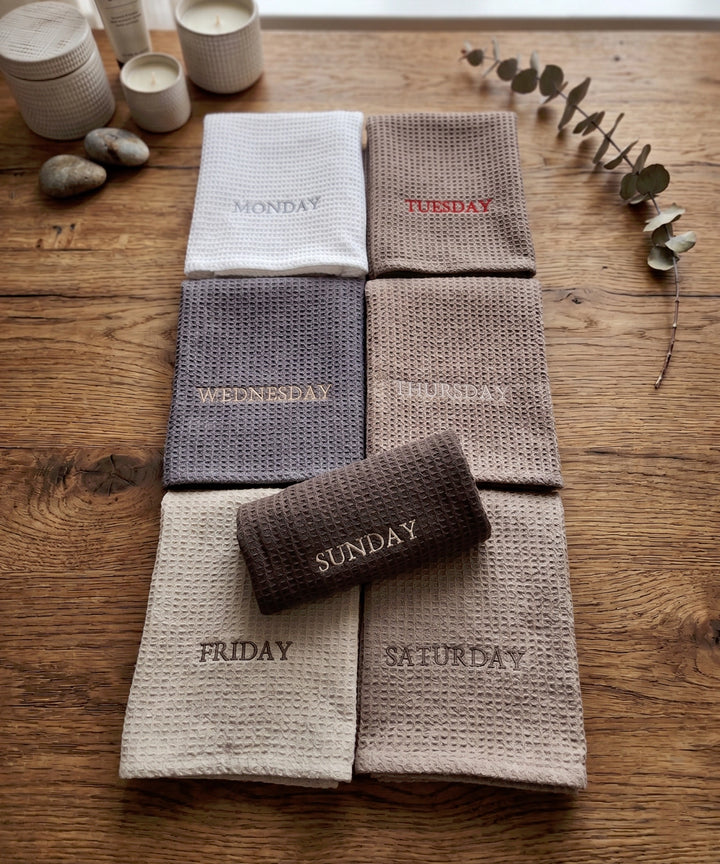 7-Day Embroidered Hand Towels – Set of 7 Pieces | Cotton Waffle Towel | Multicolour