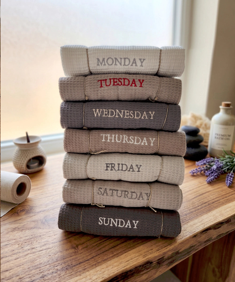 7-Day Embroidered Hand Towels – Set of 7 Pieces | Cotton Waffle Towel | Multicolour
