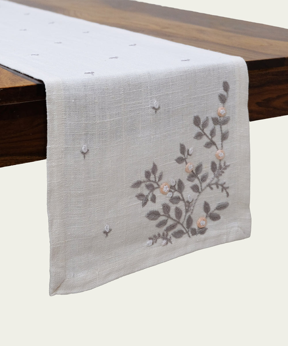 6 Seater Cream Hand Emb Pure Linen Dining Table Runner