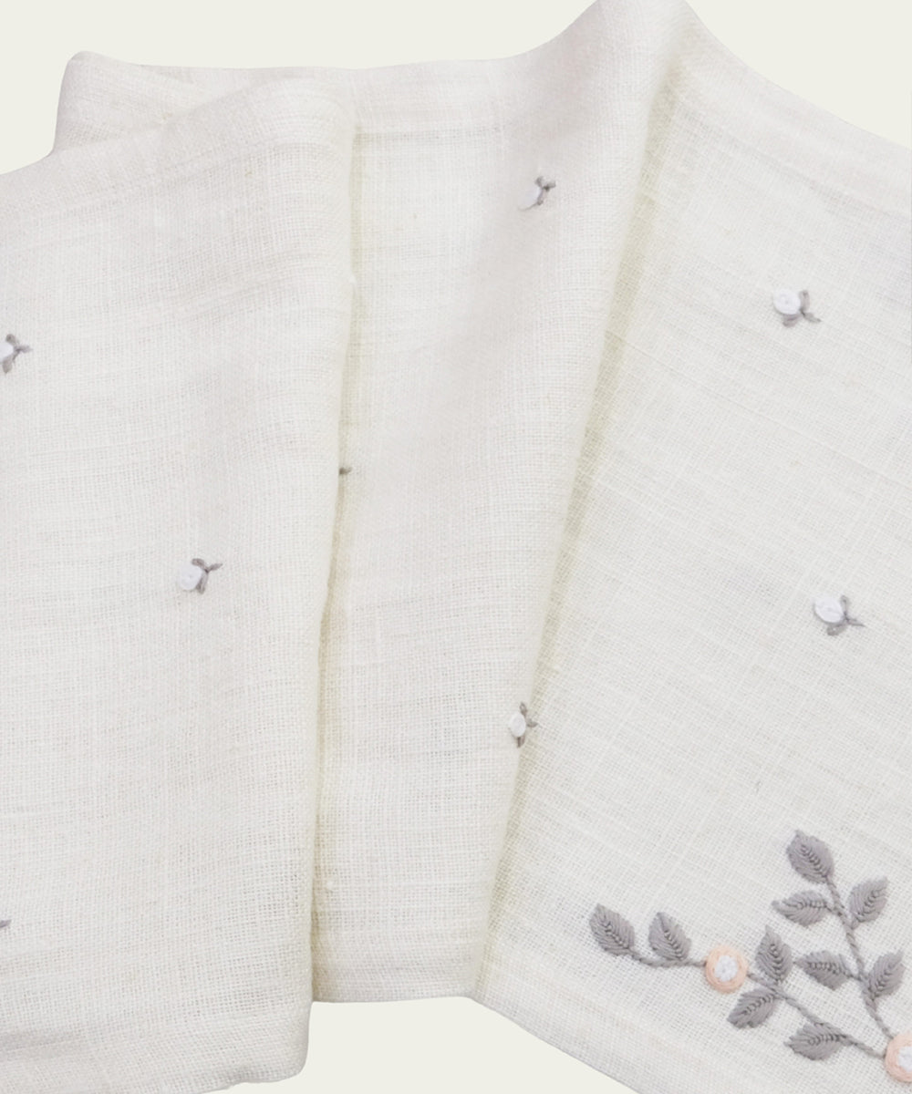 6 Seater Cream Hand Emb Pure Linen Dining Table Runner