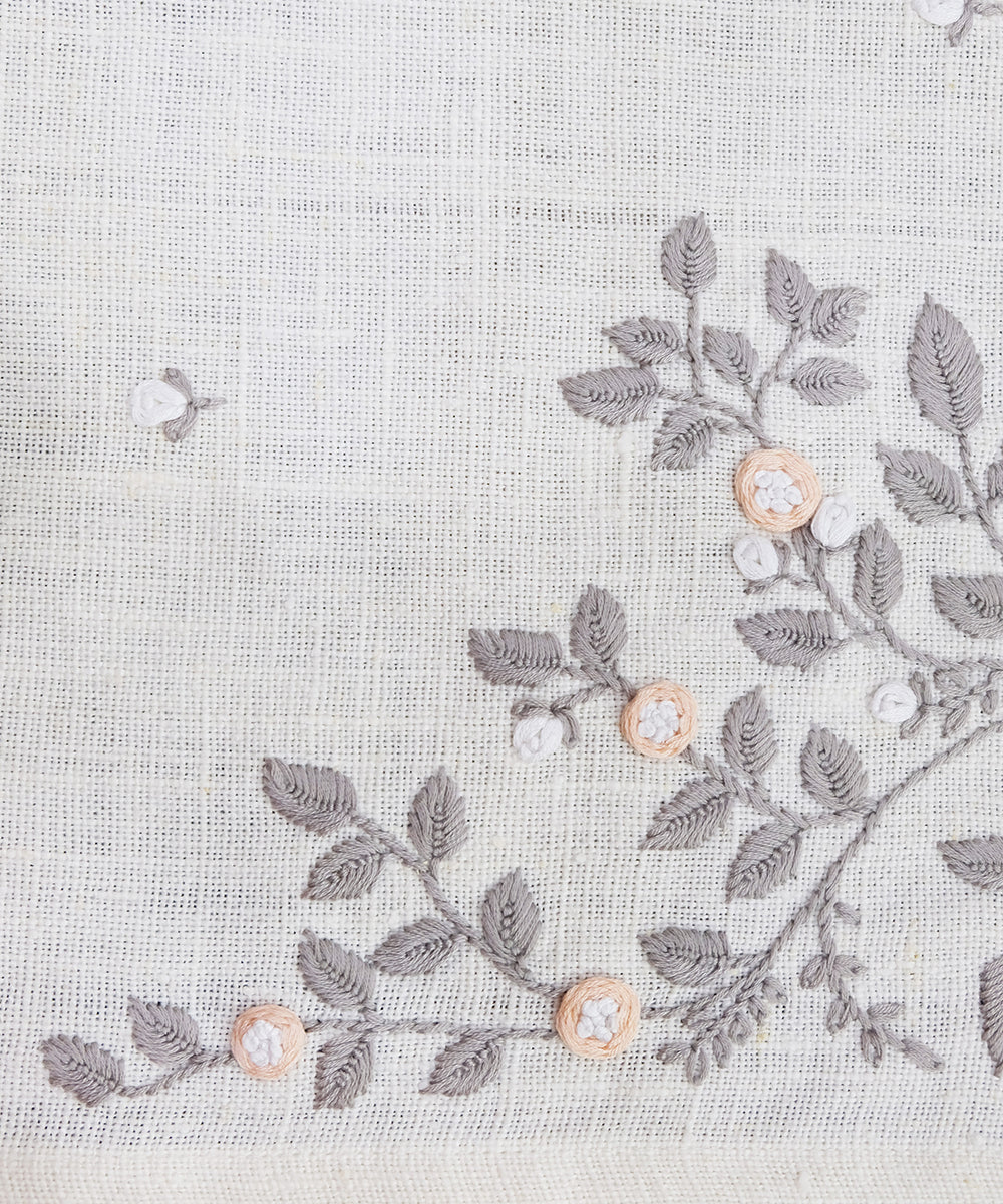 6 Seater Cream Hand Emb Pure Linen Dining Table Runner