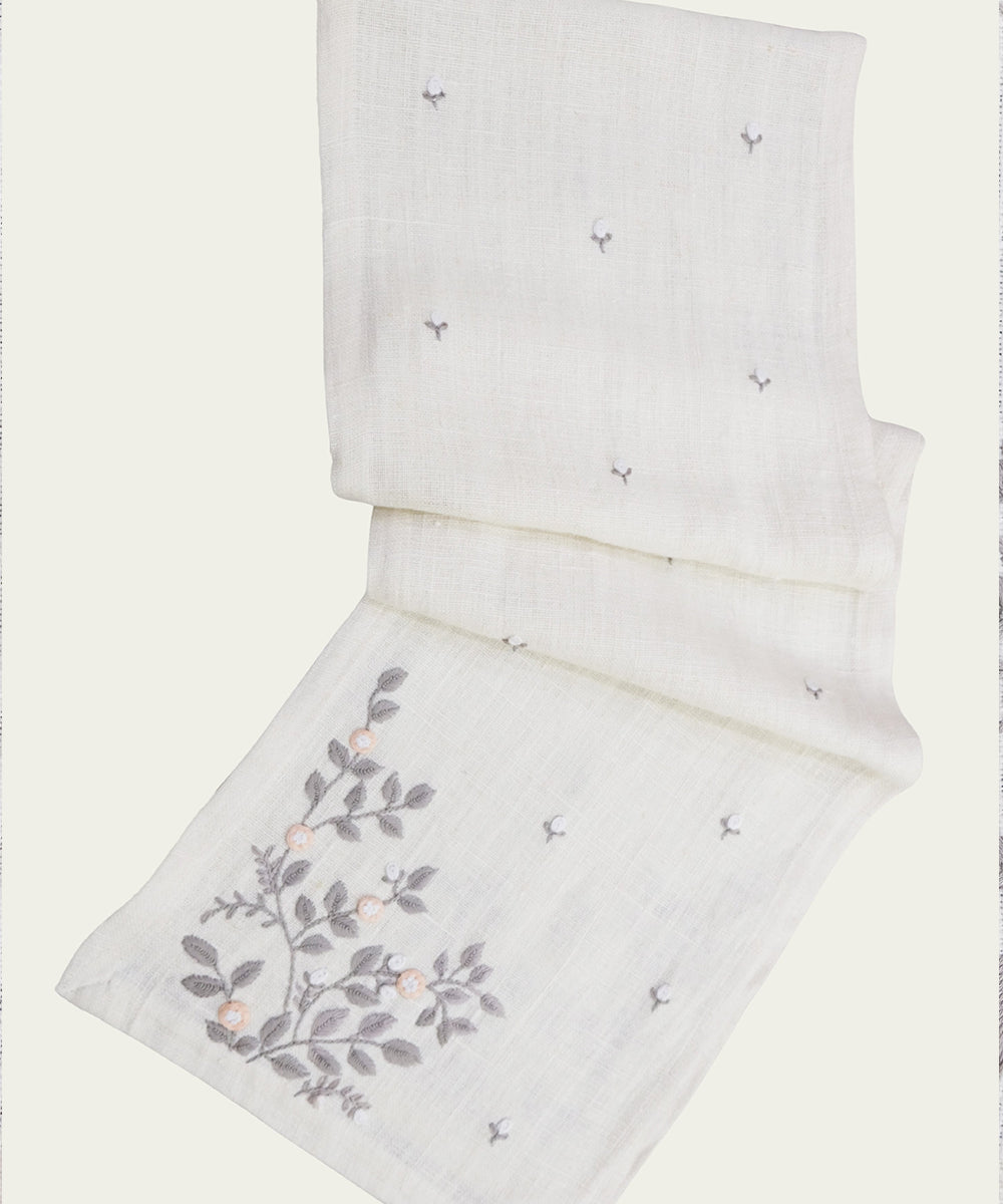 6 Seater Cream Hand Emb Pure Linen Dining Table Runner