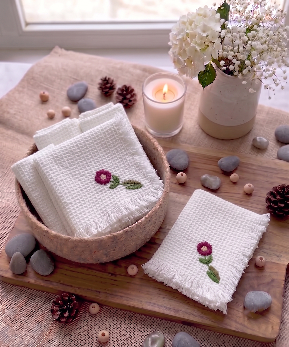 Embroidered Face Towel - Set of 4 pcs in Soft Cotton Waffle | White with Maroon